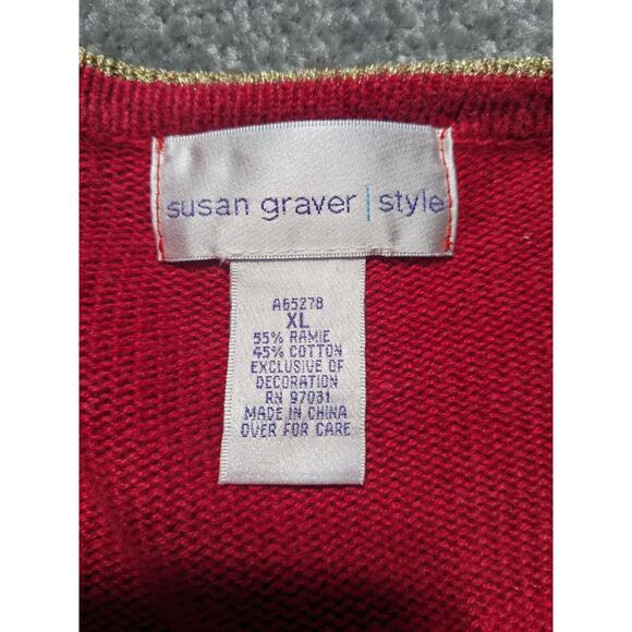 Susan Graver Button Front Cardigan Women XL Red Novelty Embellished V Neck R68 - Picture 2 of 12